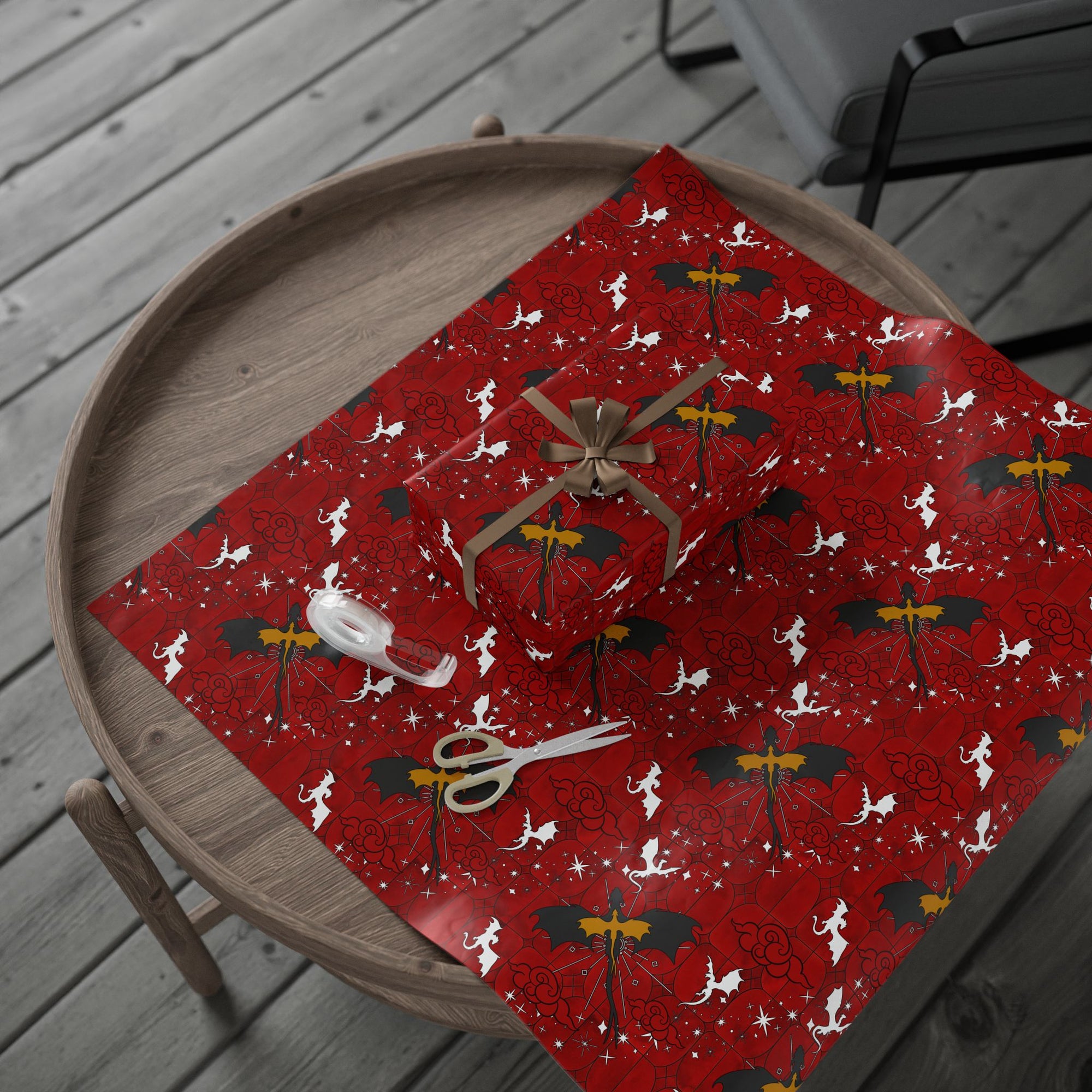 Black and Yellow Dragons on Red Stained Glass Wrapping Papers