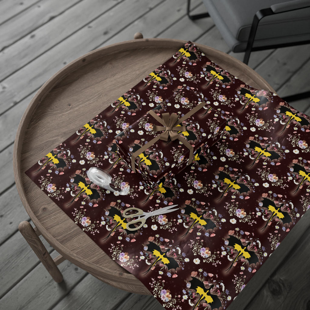Floral Dragons on Burgundy Wrapping Paper