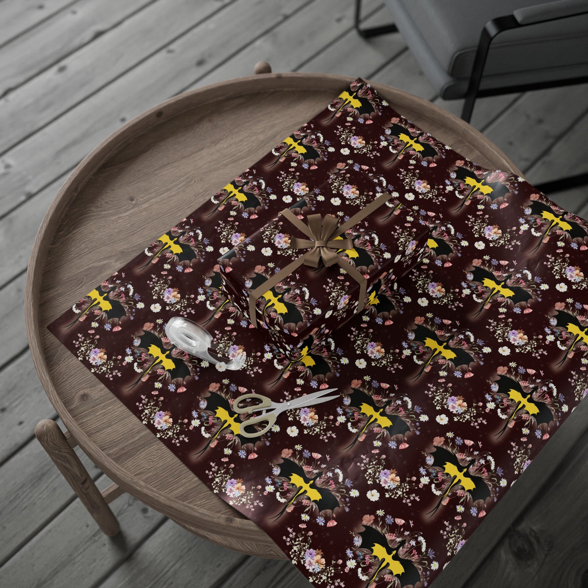 Floral Dragons on Burgundy Wrapping Paper