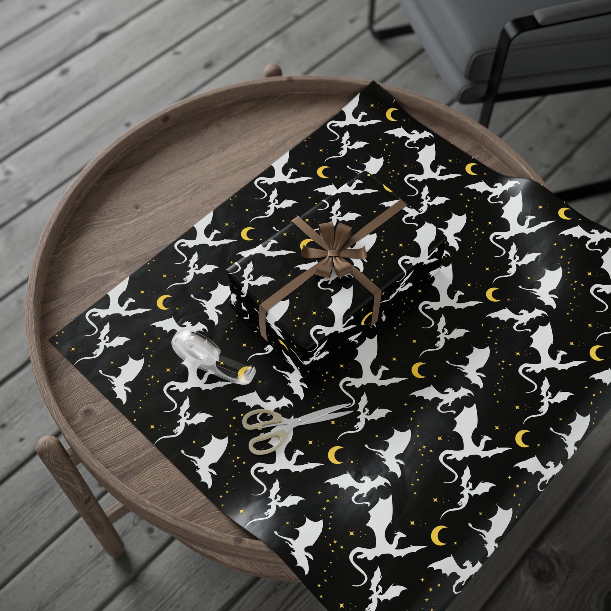 White Dragons in Black Night Wrapping Paper