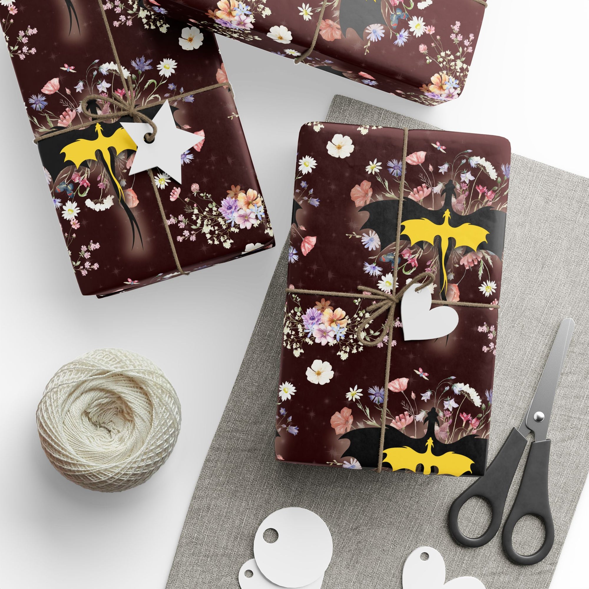 Floral Dragons on Burgundy Wrapping Paper