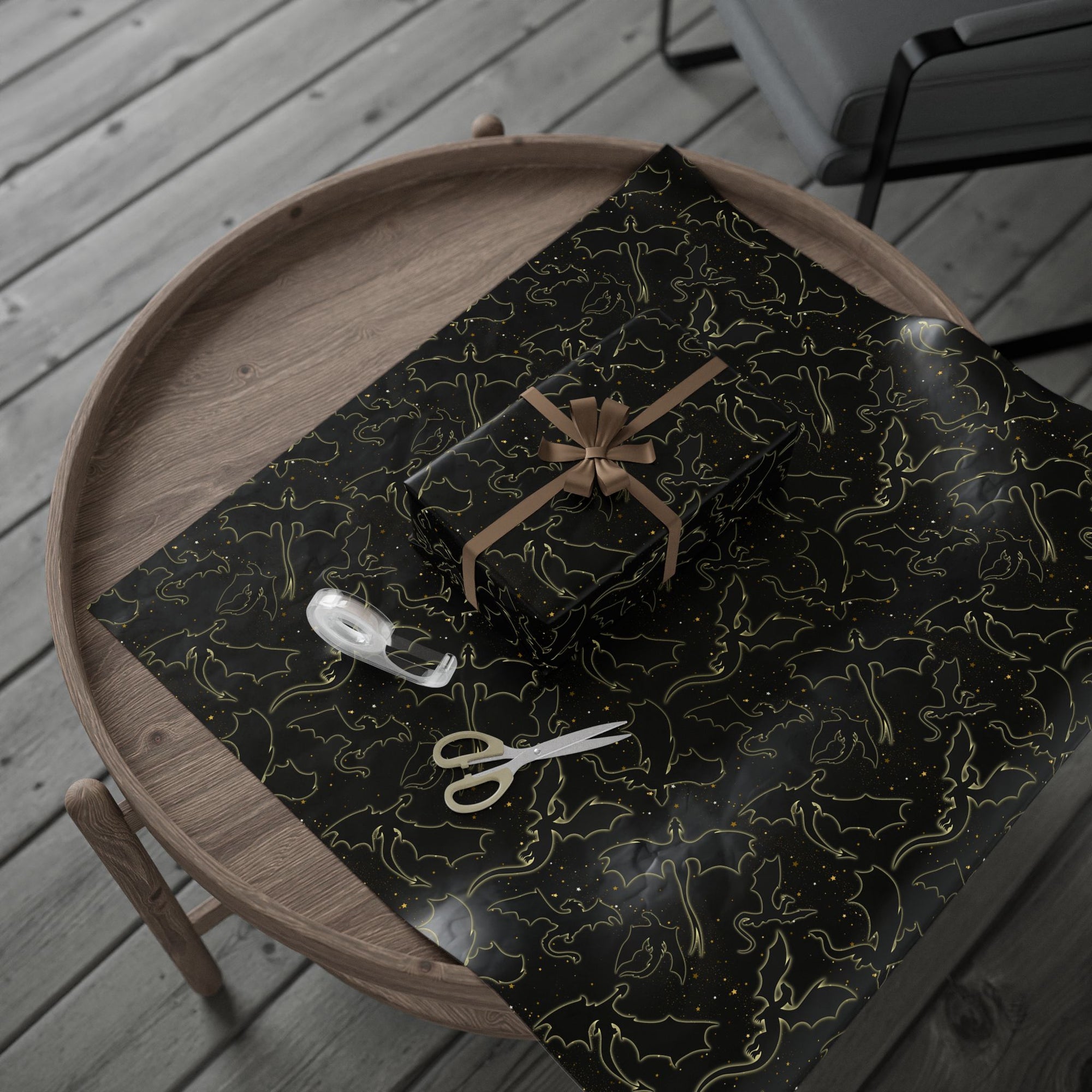 Dragons in Starry Night Sky Black Wrapping Paper