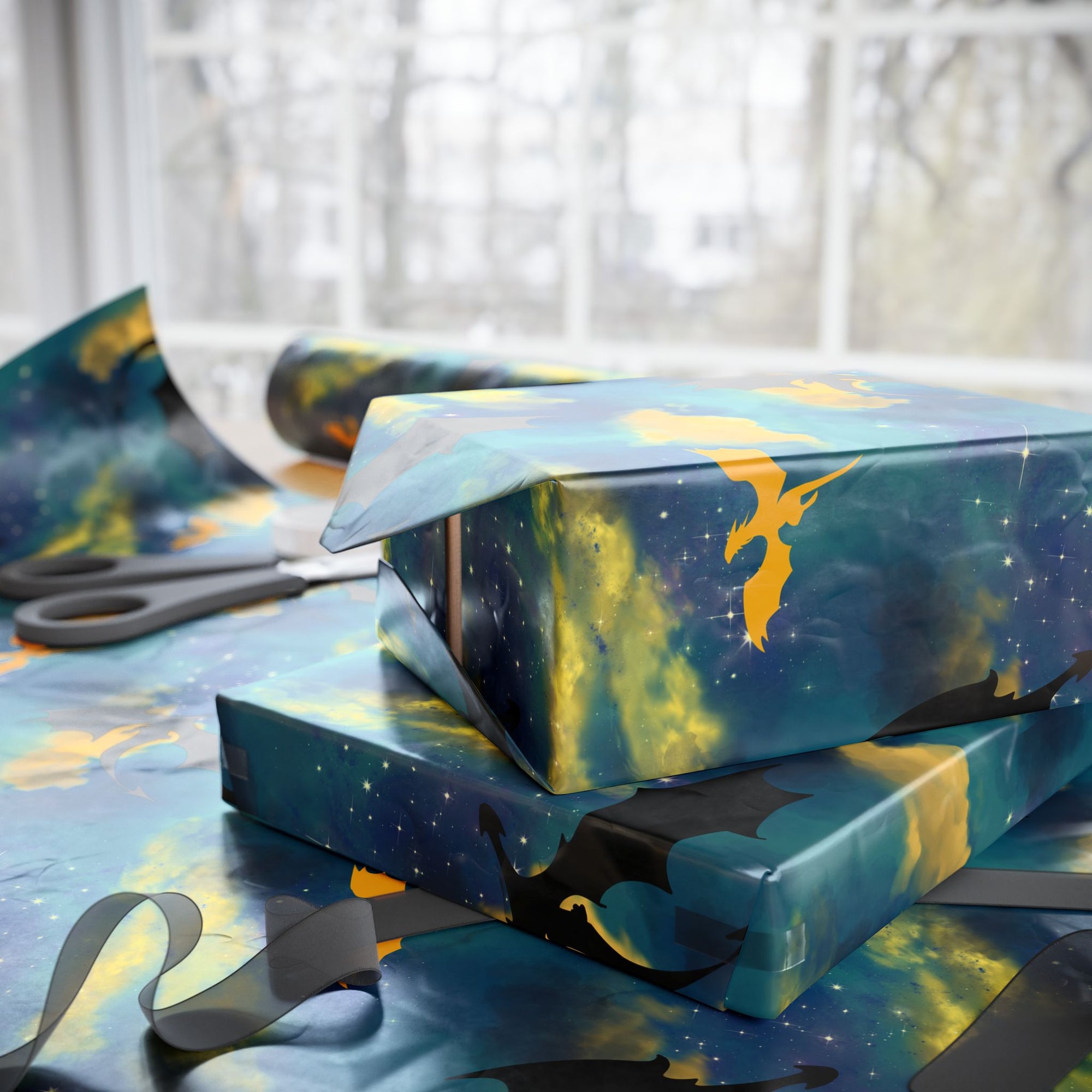 Dragons in Starry Night Sky Wrapping Paper