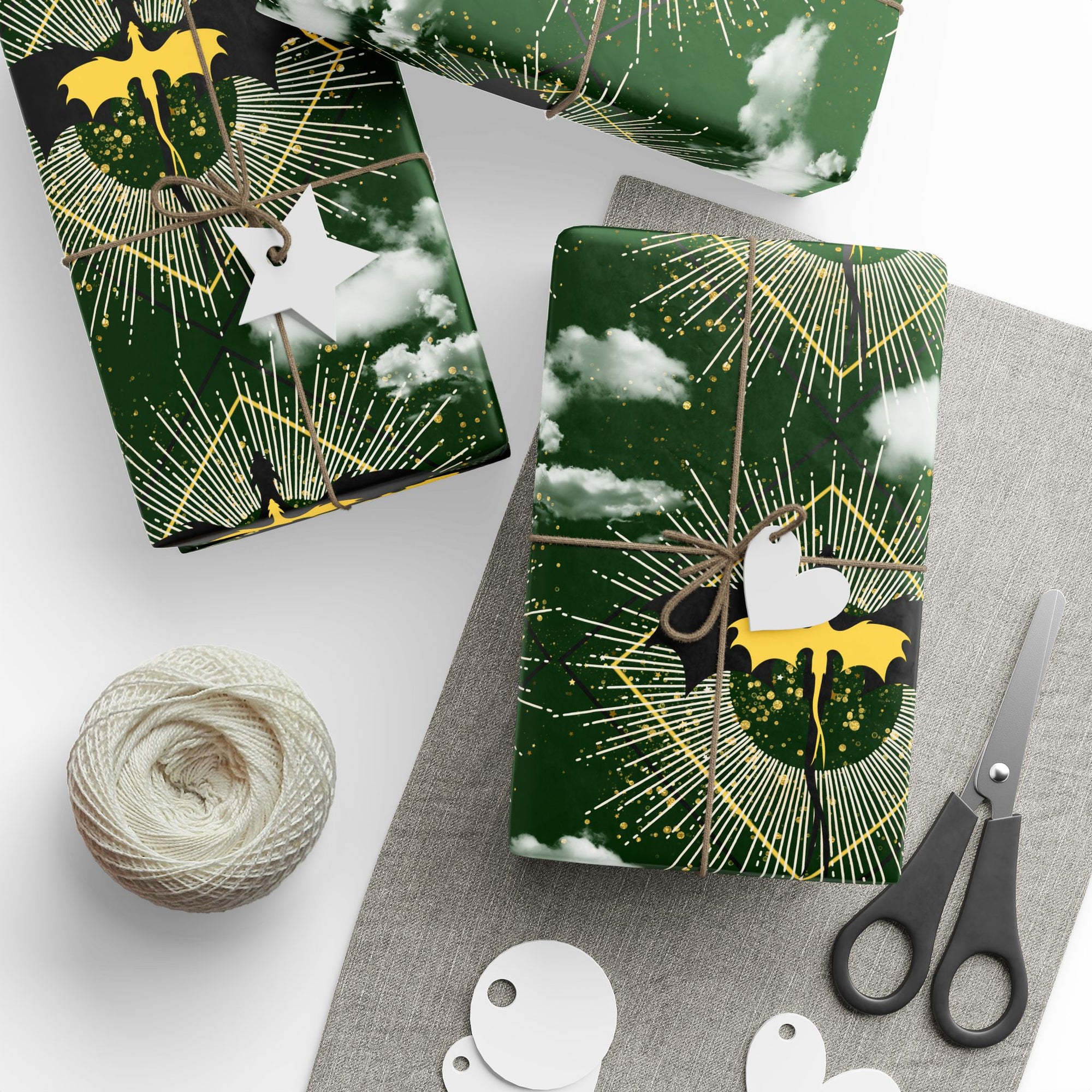 Dragons in Green Cloudy Sky Wrapping Paper