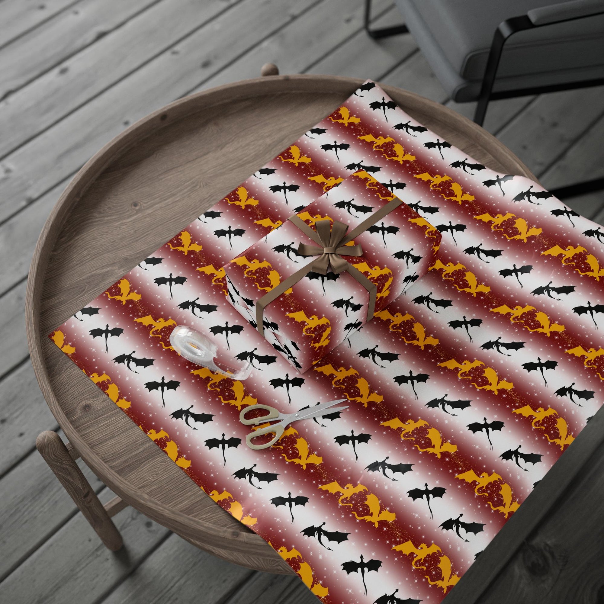 Dragons on Red Starry Striped Wrapping Paper
