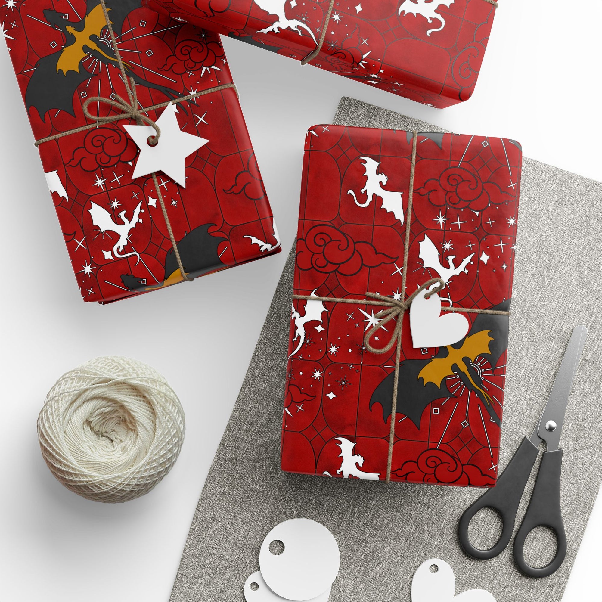 Black and Yellow Dragons on Red Stained Glass Wrapping Papers