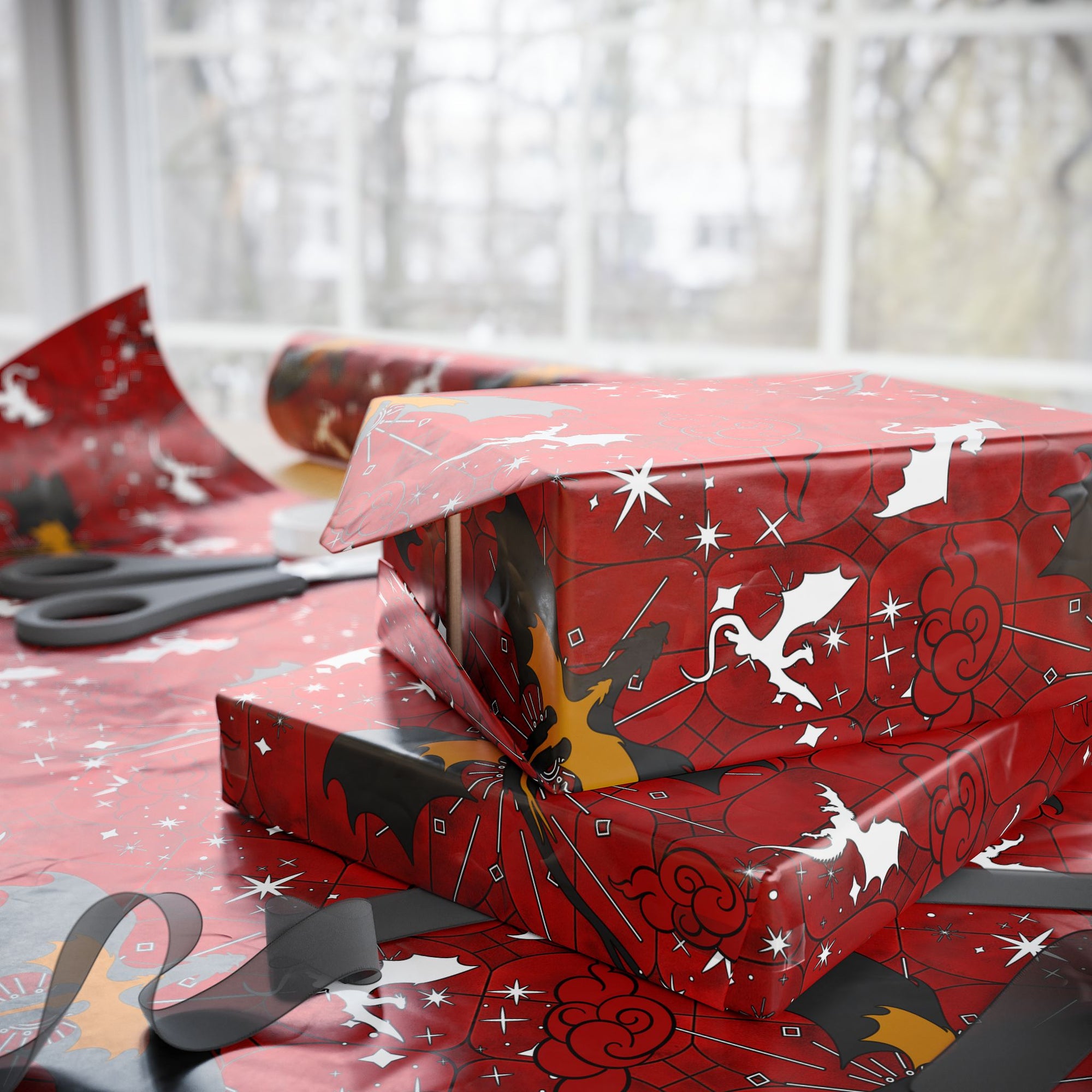 Black and Yellow Dragons on Red Stained Glass Wrapping Papers
