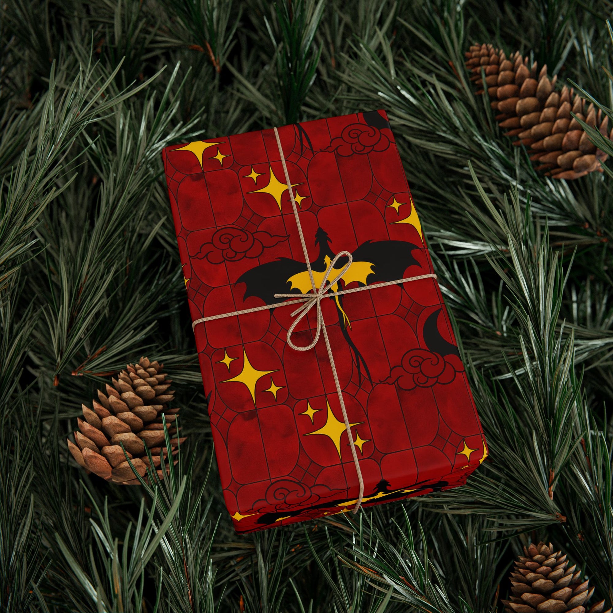 Dragons on Red Stained Glass Wrapping Paper