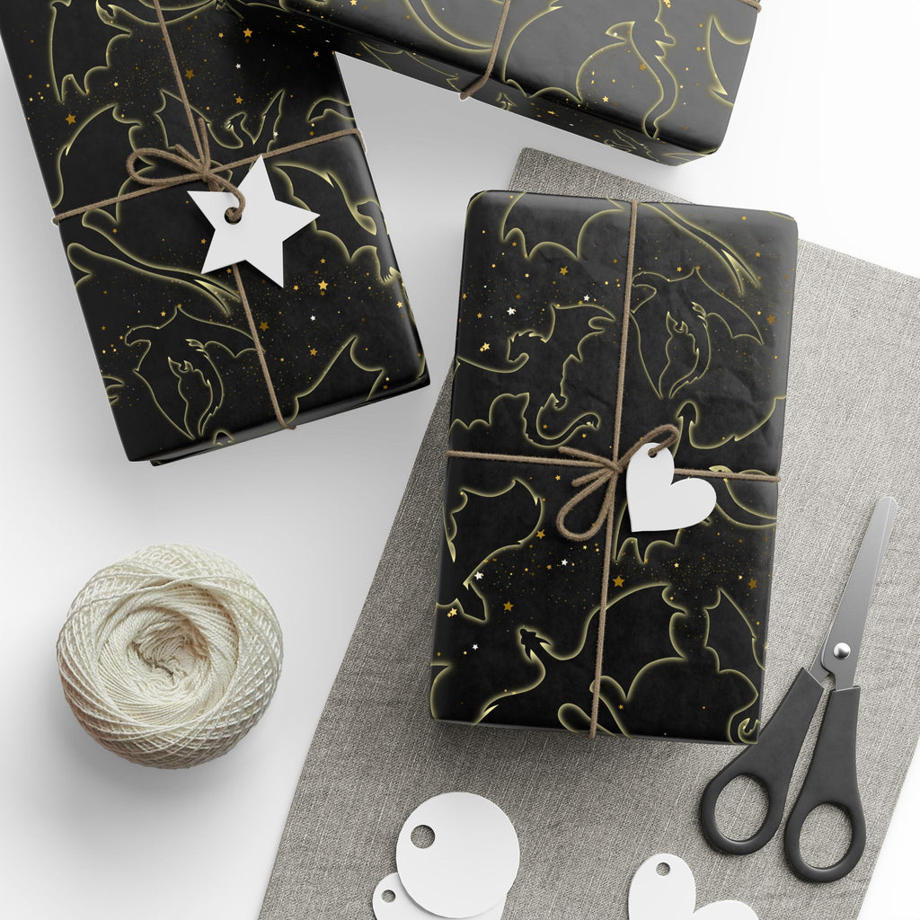 Dragons in Starry Night Sky Black Wrapping Paper