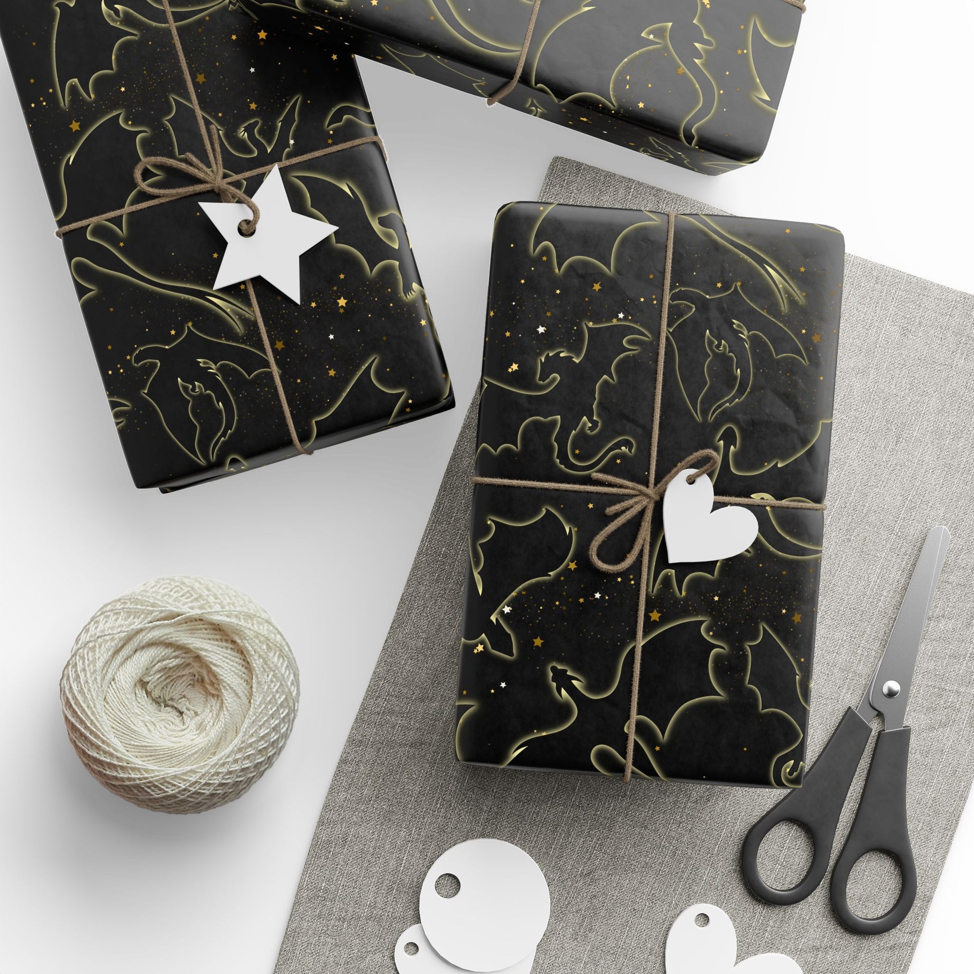 Dragons in Starry Night Sky Black Wrapping Paper