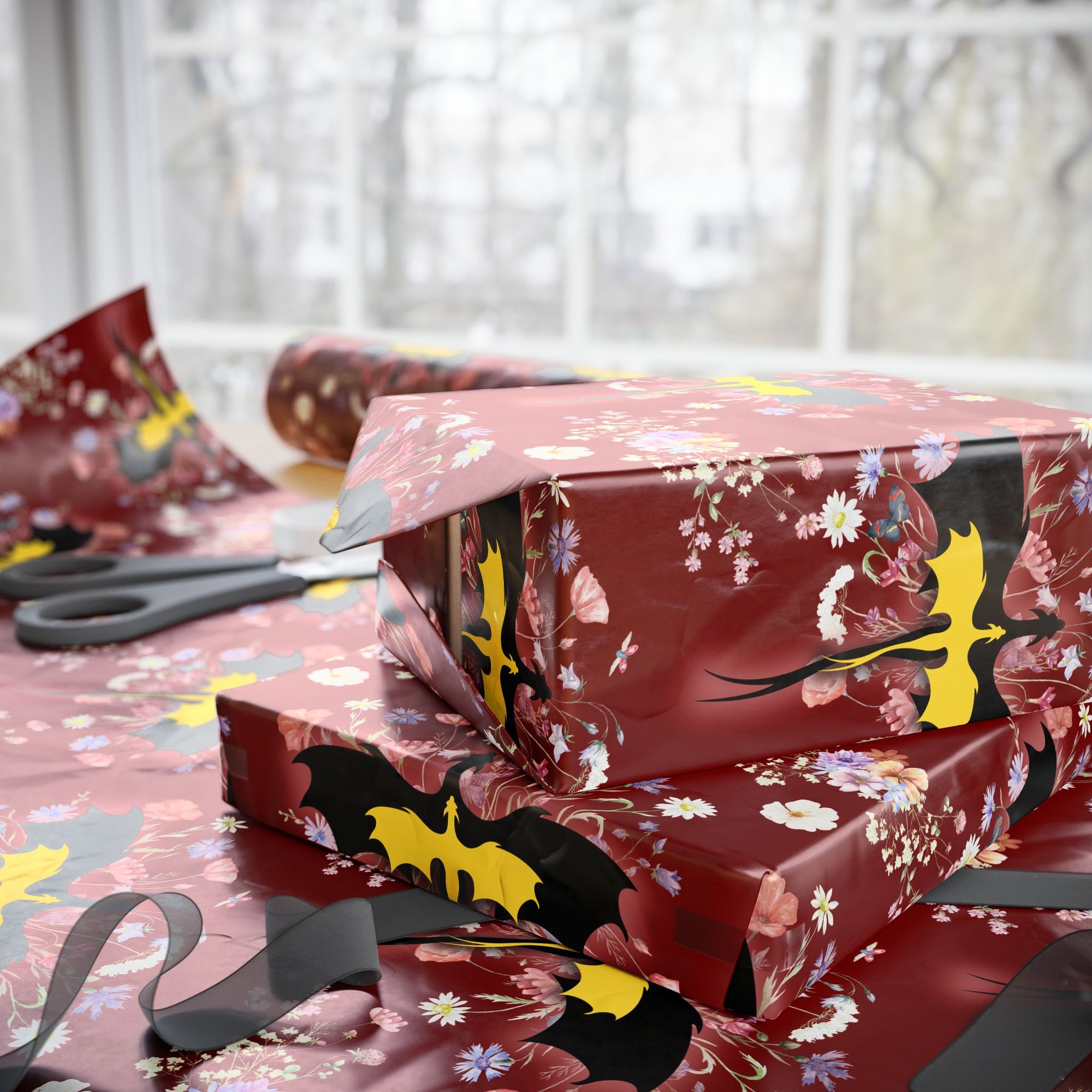 Floral Dragon in Red Sky Wrapping Paper