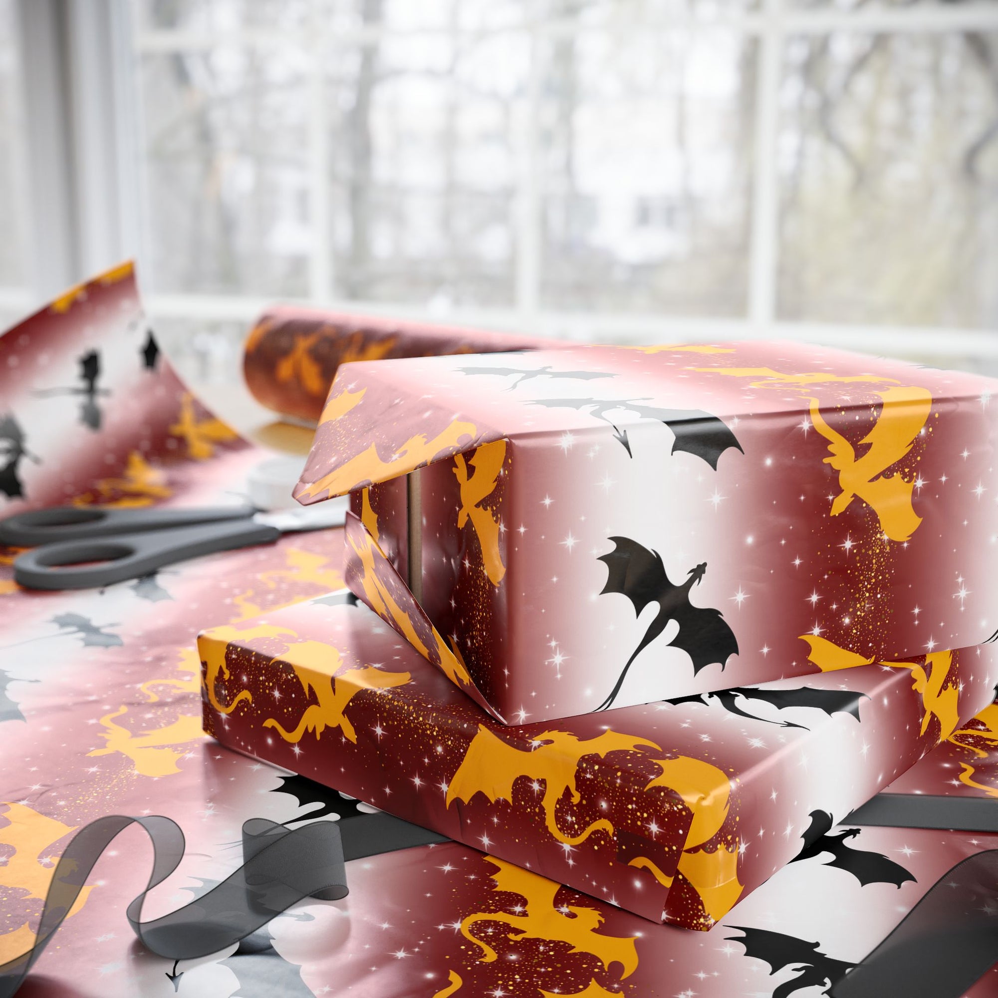 Dragons on Red Starry Striped Wrapping Paper