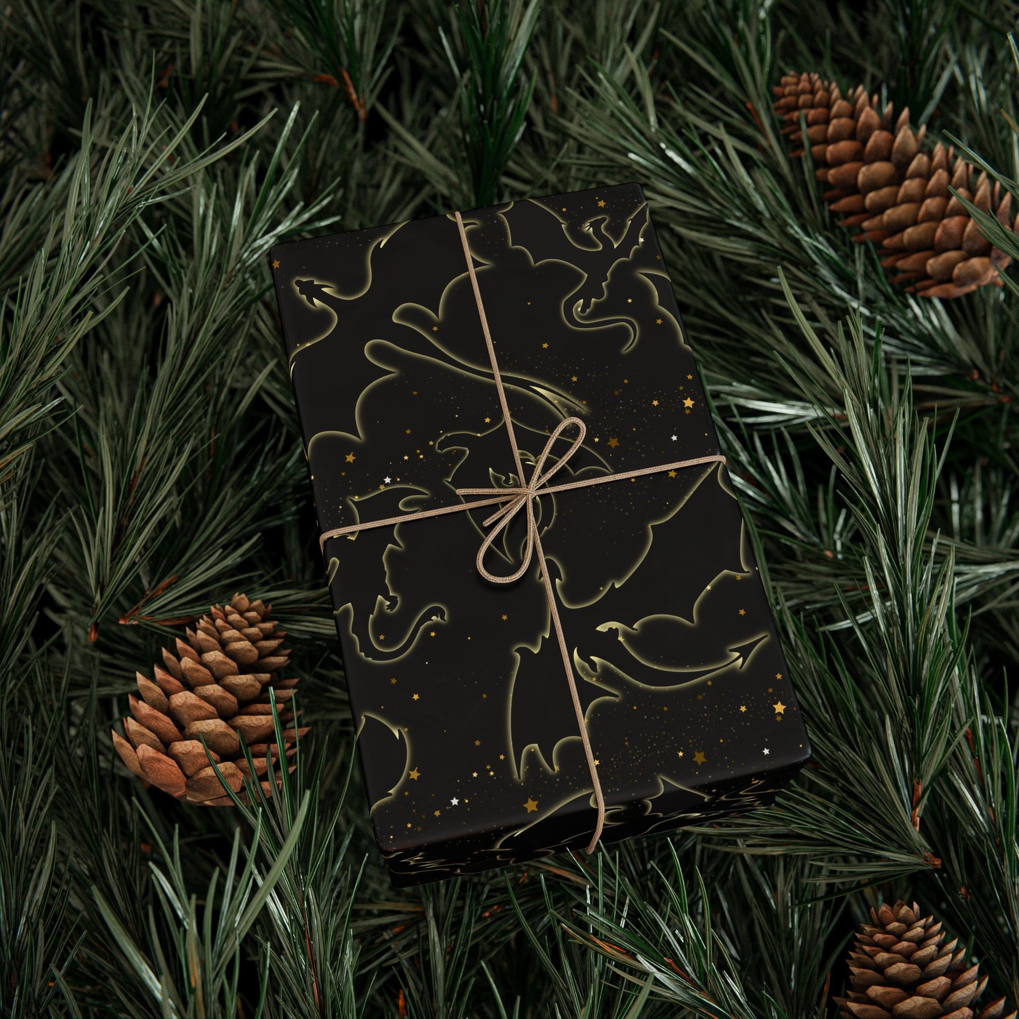 Dragons in Starry Night Sky Black Wrapping Paper