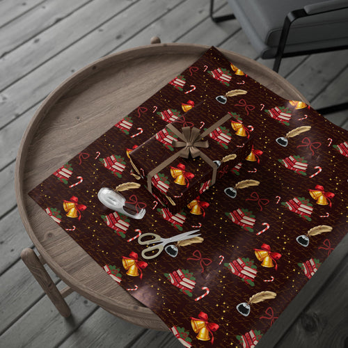 Decorative paper with Christmas-themed designs on a wooden tray.