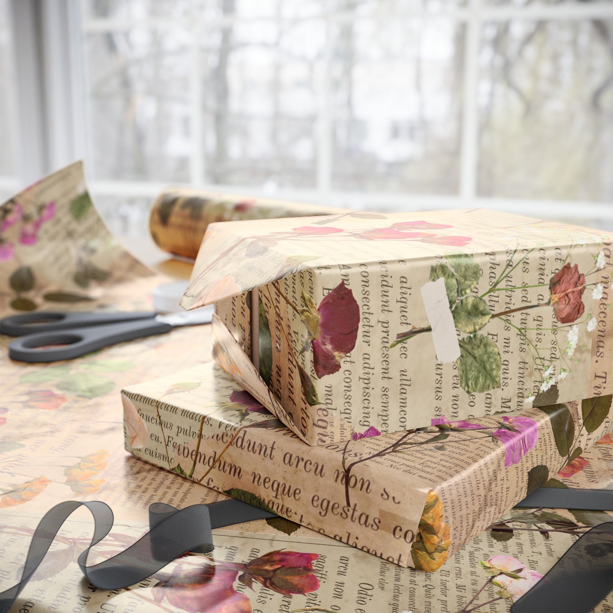 Pressed Flowers and Pages Wrapping Paper