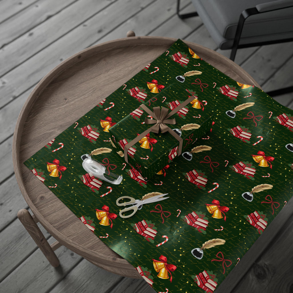 Bells and Books Green Wrapping Paper