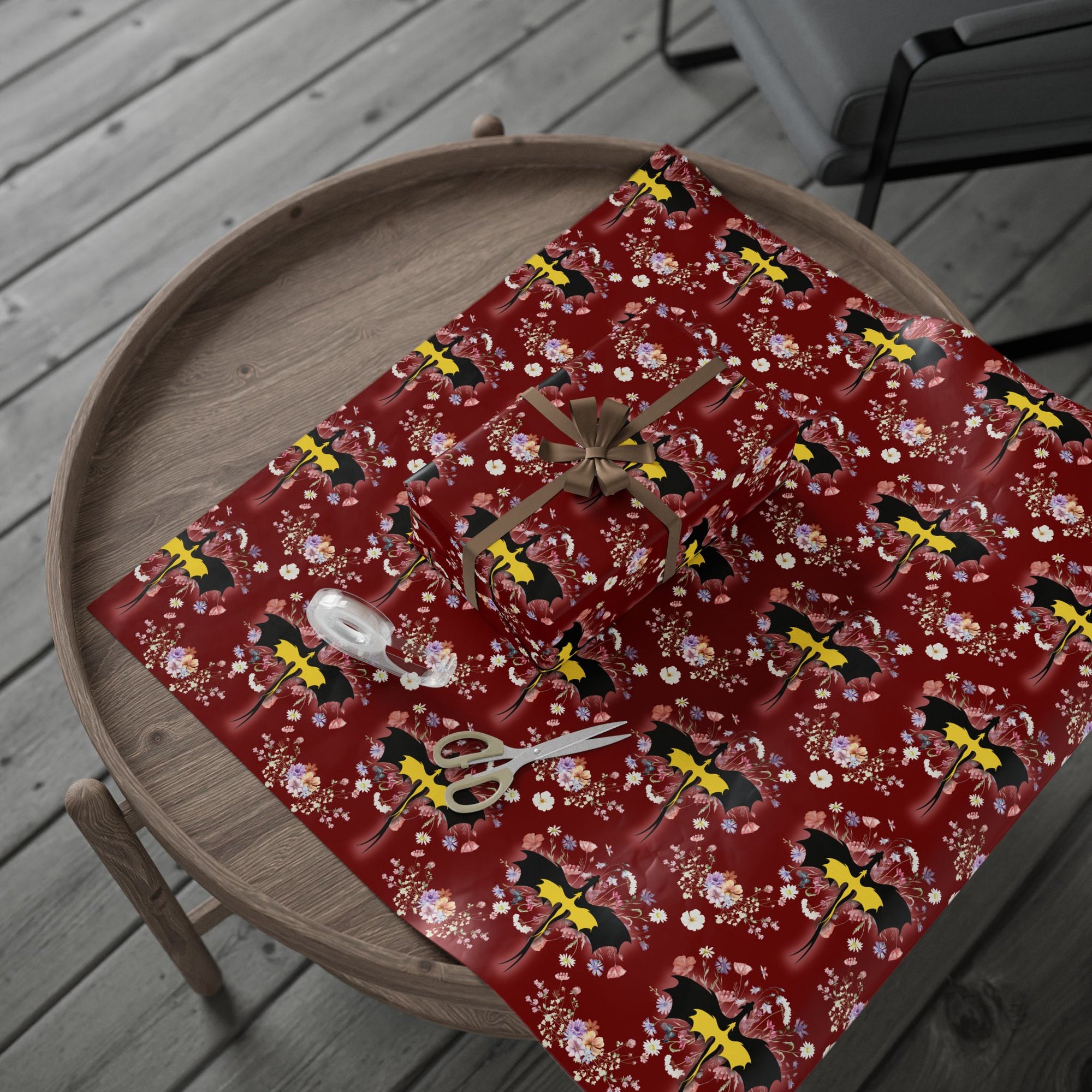 Floral Dragon in Red Sky Wrapping Paper