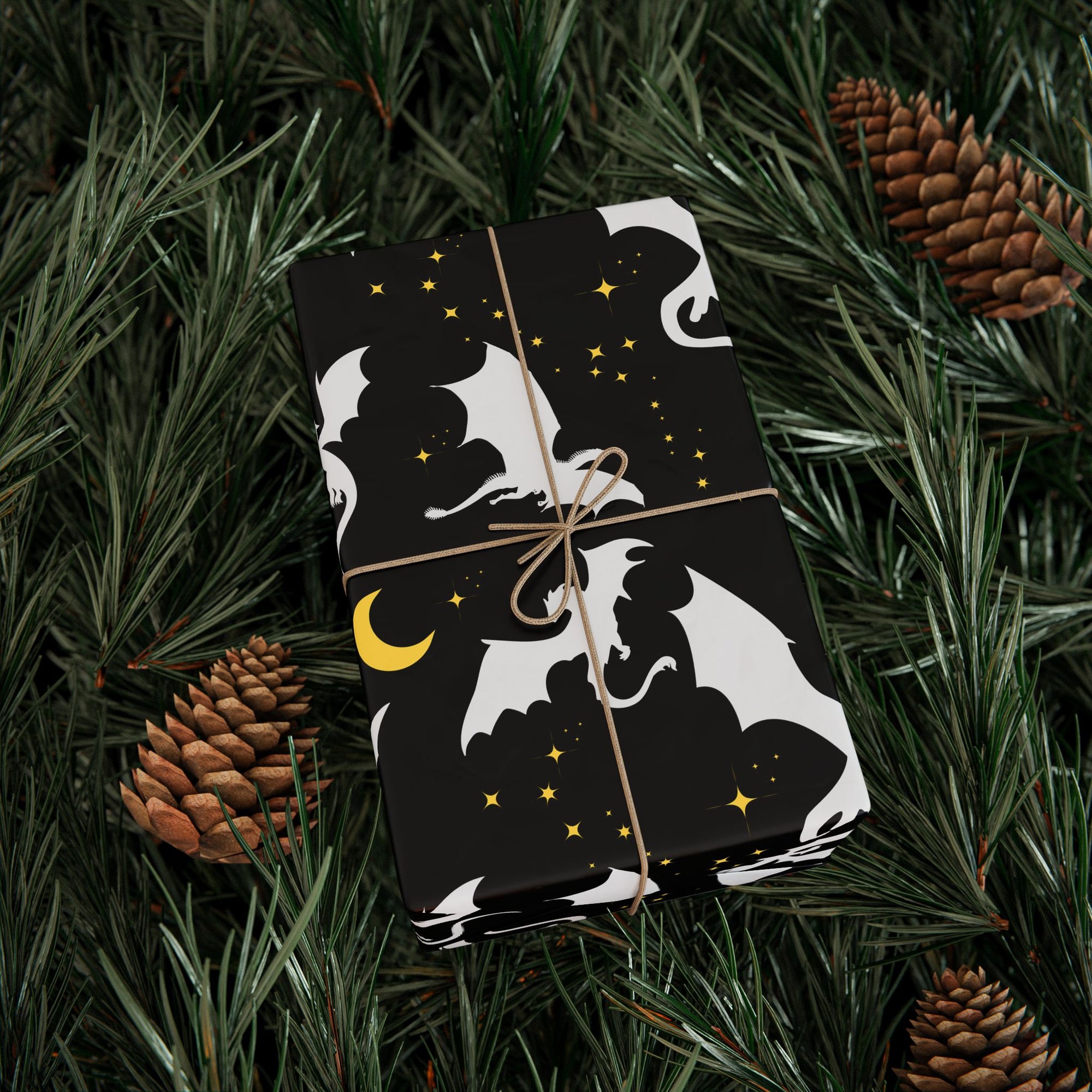 White Dragons in Black Night Wrapping Paper