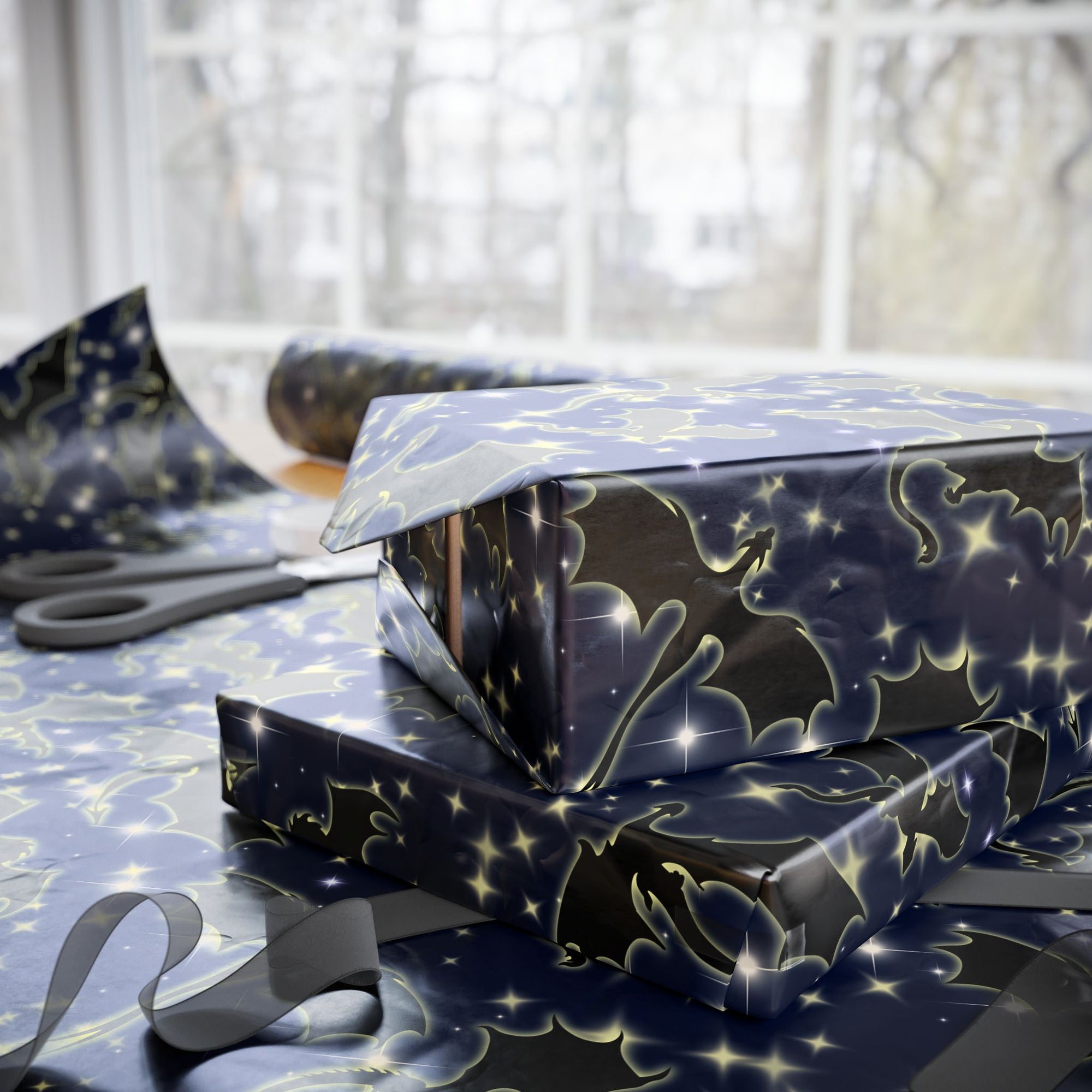 Starry Night Sky with Dragons Wrapping Paper