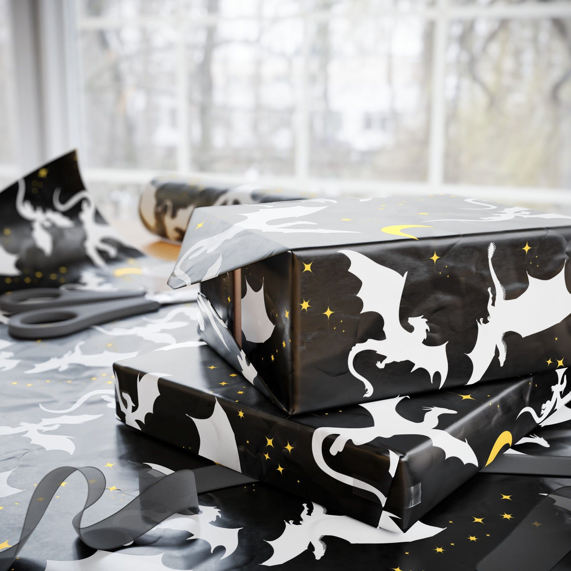 White Dragons in Black Night Wrapping Paper