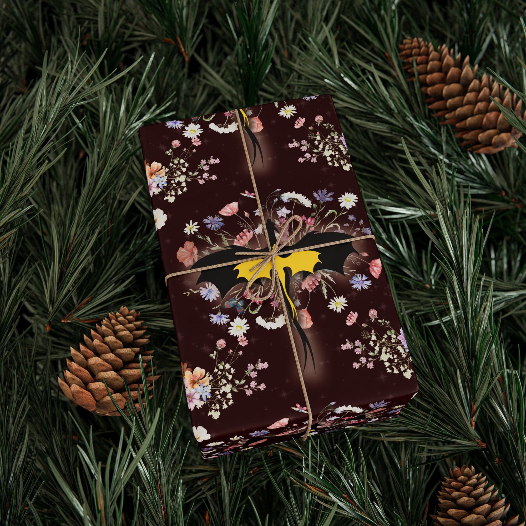 Floral Dragons on Burgundy Wrapping Paper