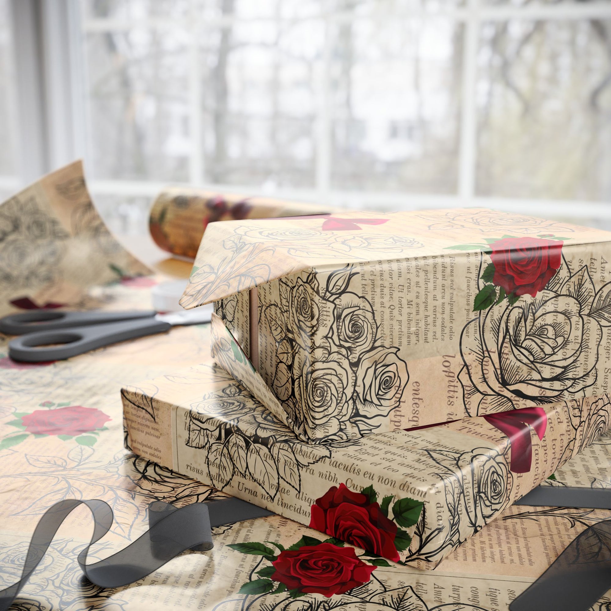 Roses in Pages Wrapping Paper