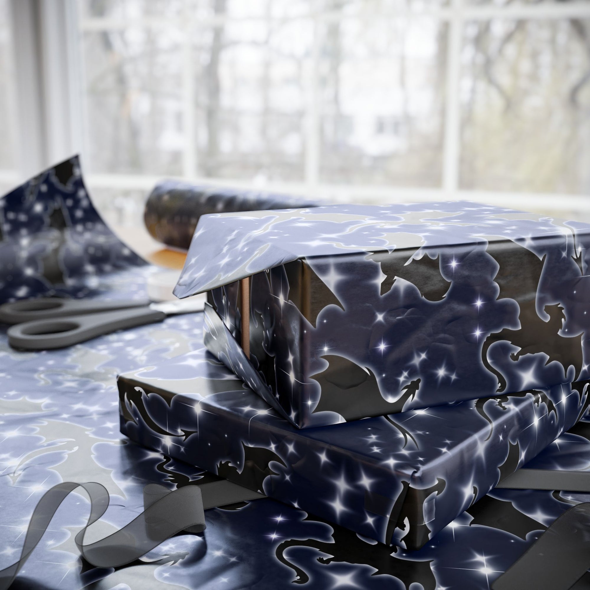 Dragons in Midnight Sky Wrapping Paper
