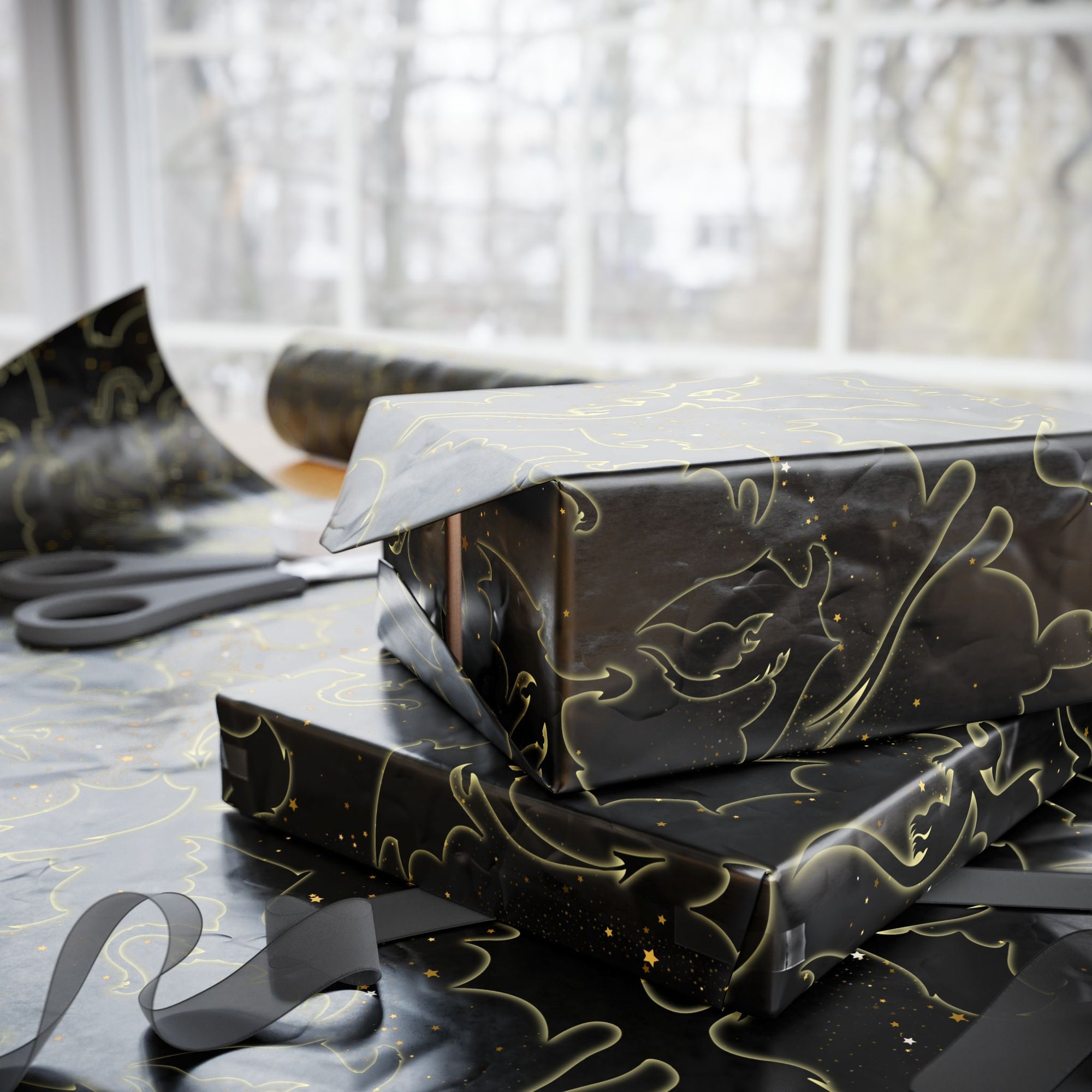 Dragons in Starry Night Sky Black Wrapping Paper
