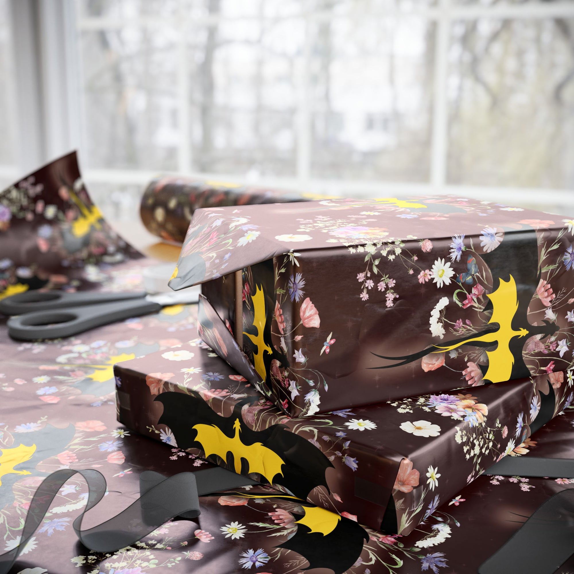 Floral Dragons on Burgundy Wrapping Paper