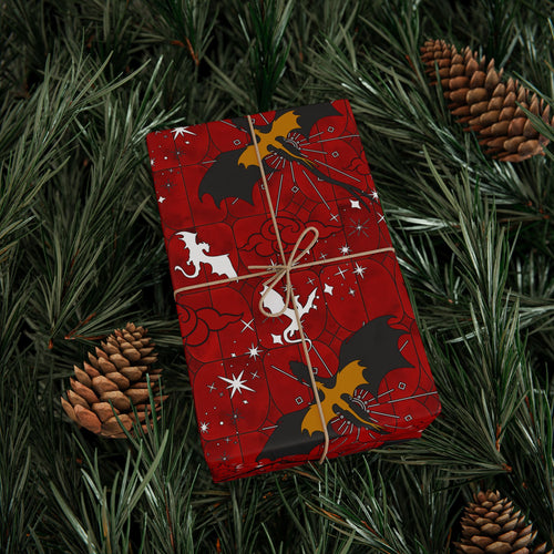 Black and Yellow Dragons on Red Stained Glass Wrapping Papers