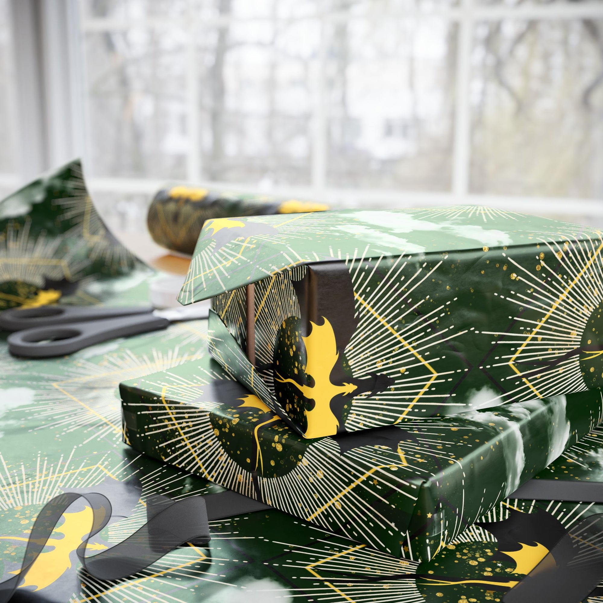Dragons in Green Cloudy Sky Wrapping Paper