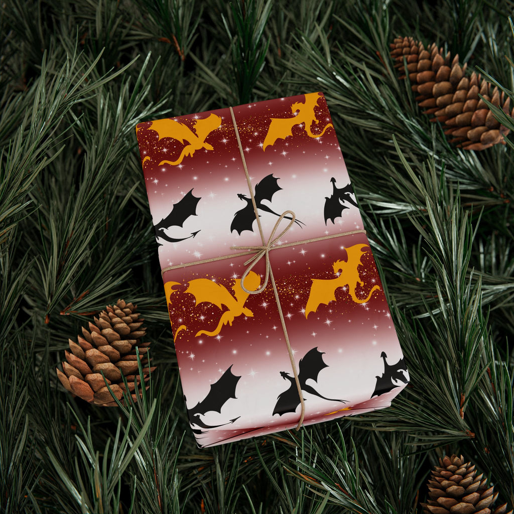 Dragons on Red Starry Striped Wrapping Paper