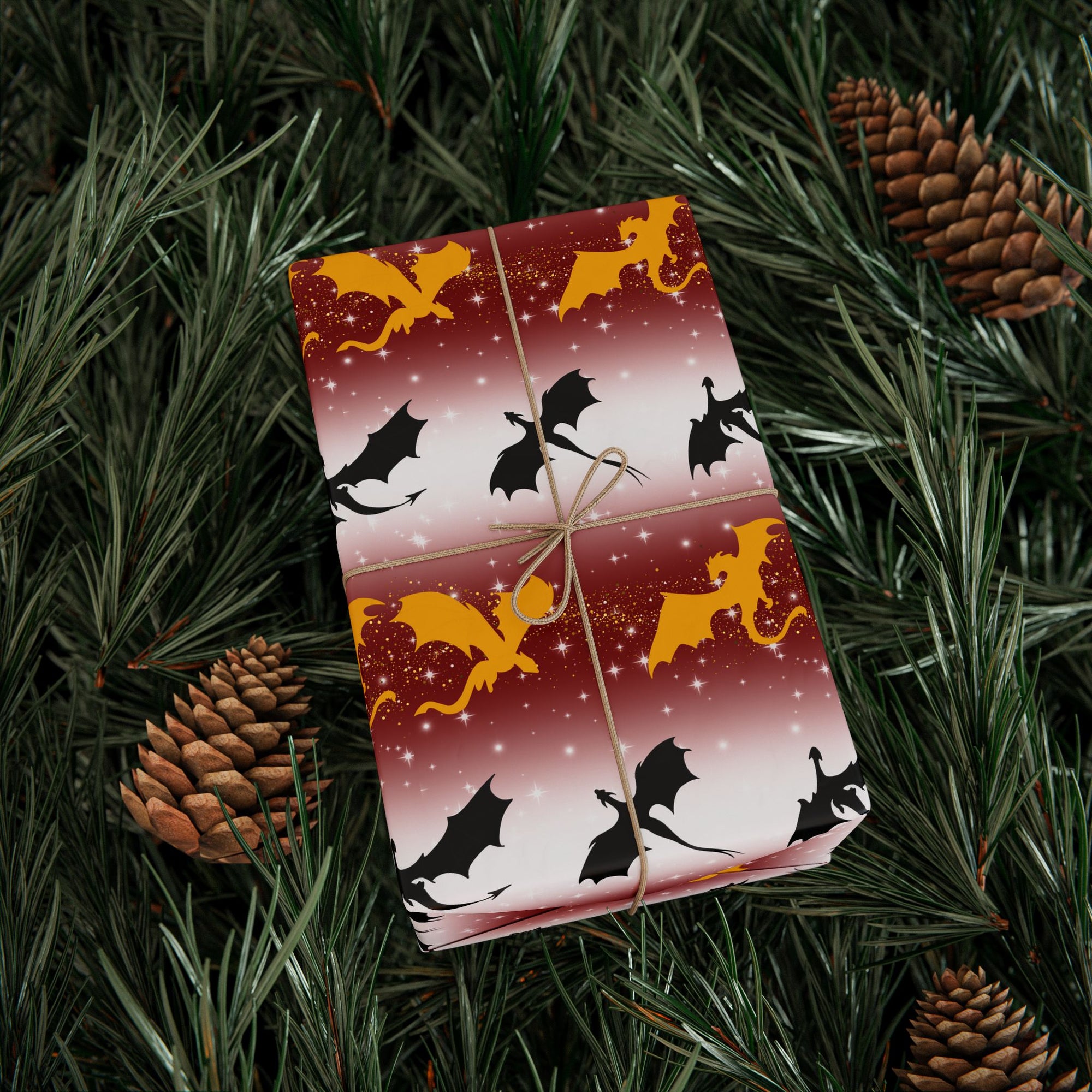 Dragons on Red Starry Striped Wrapping Paper
