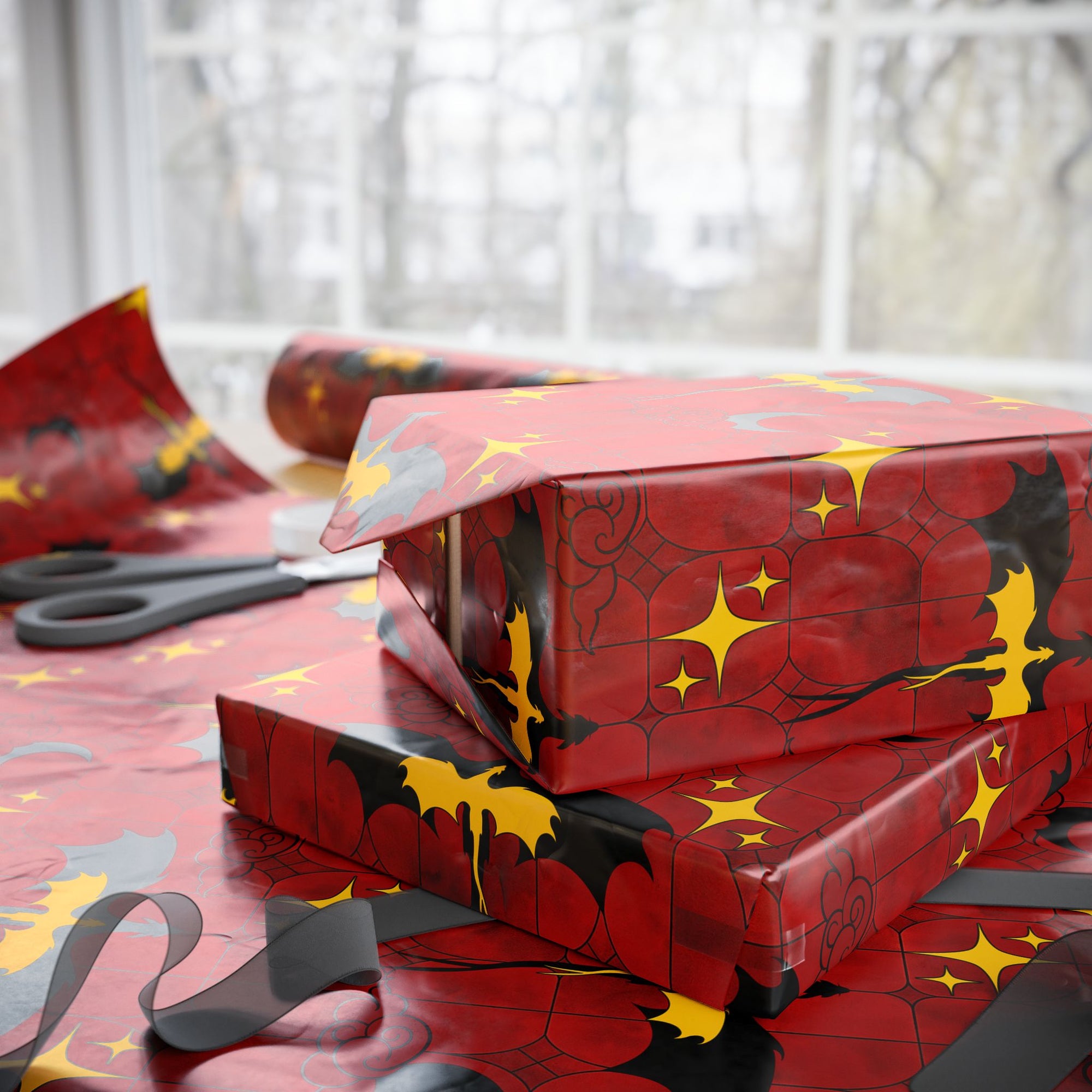 Dragons on Red Stained Glass Wrapping Paper
