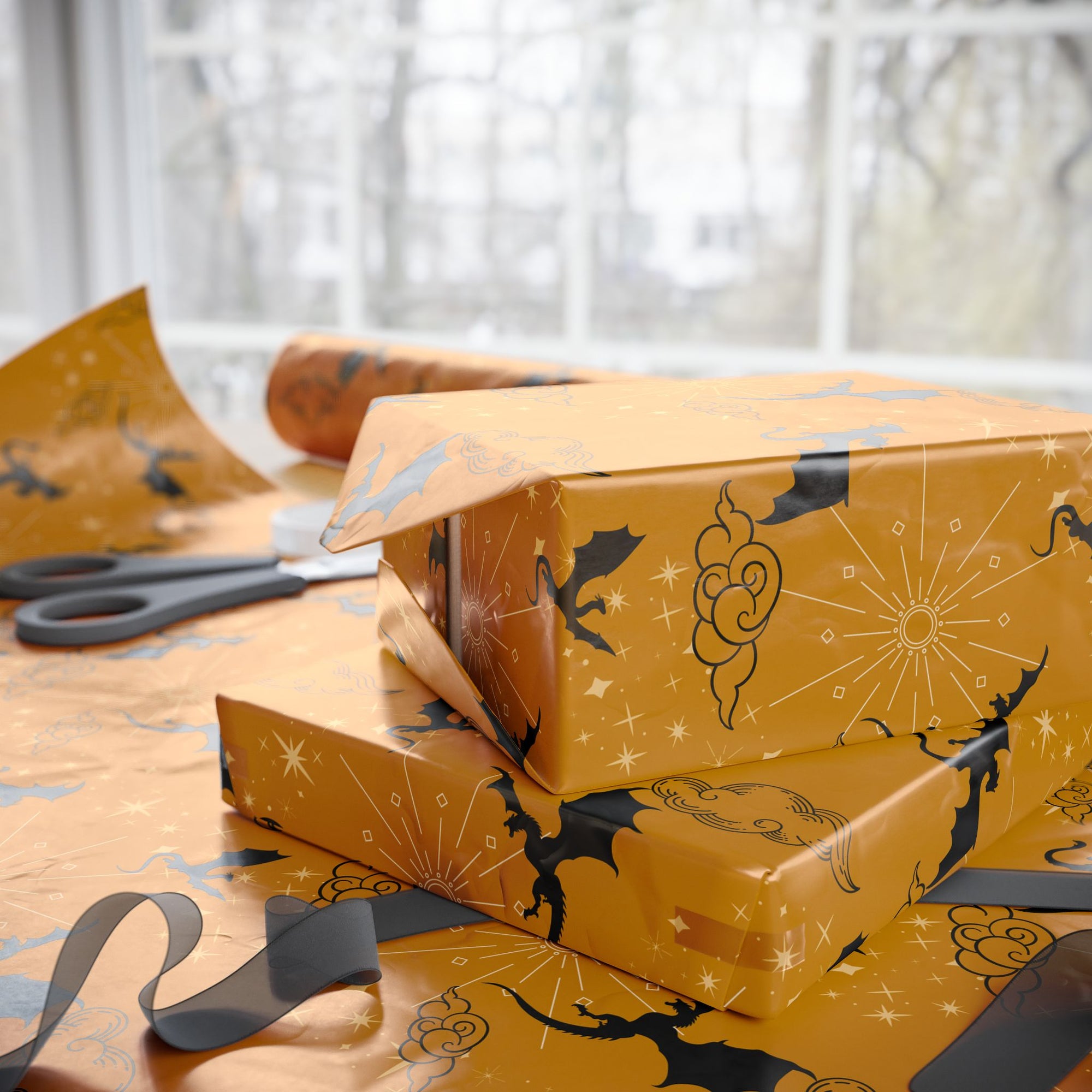 Dragons in Golden Sky Wrapping Papers