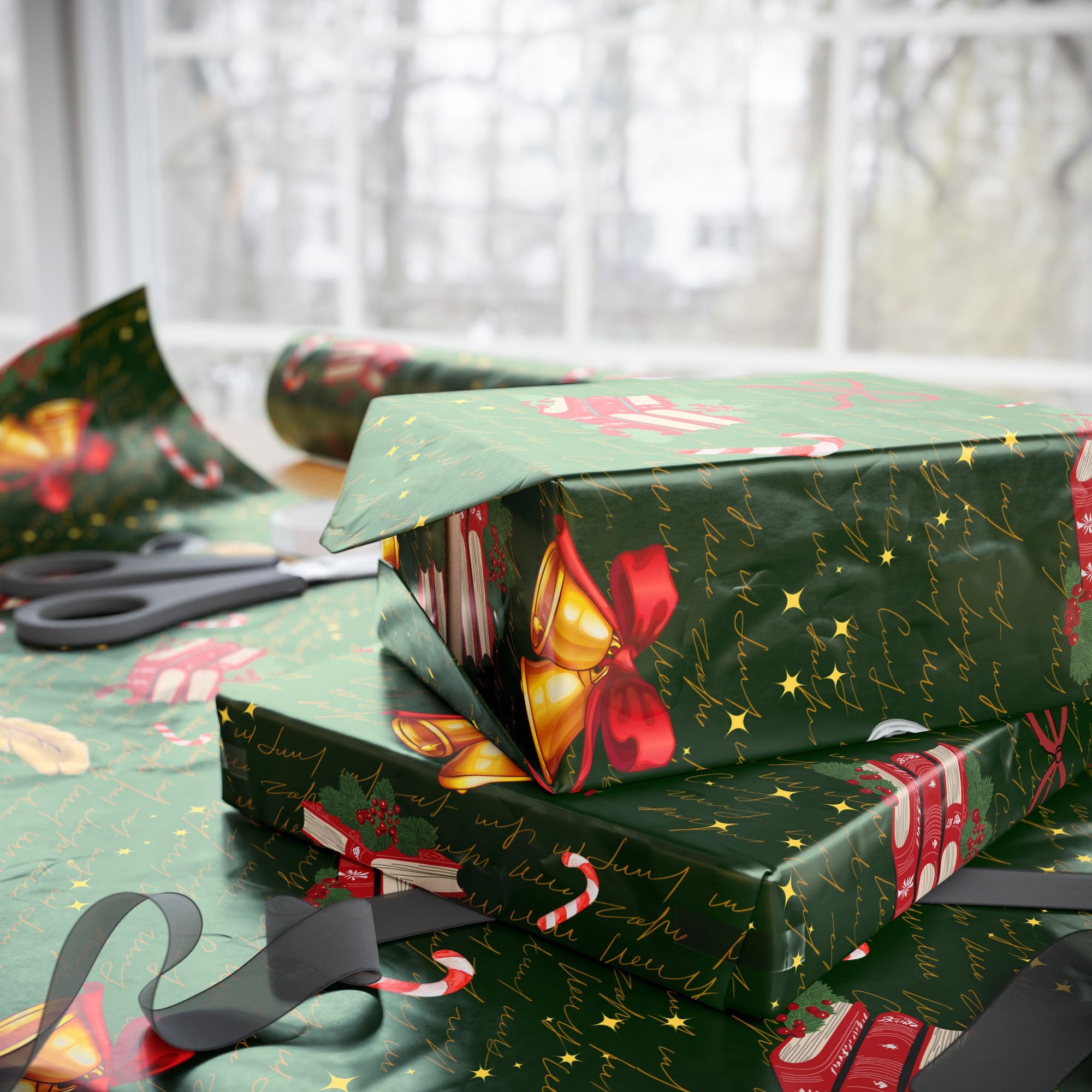 Bells and Books Green Wrapping Paper