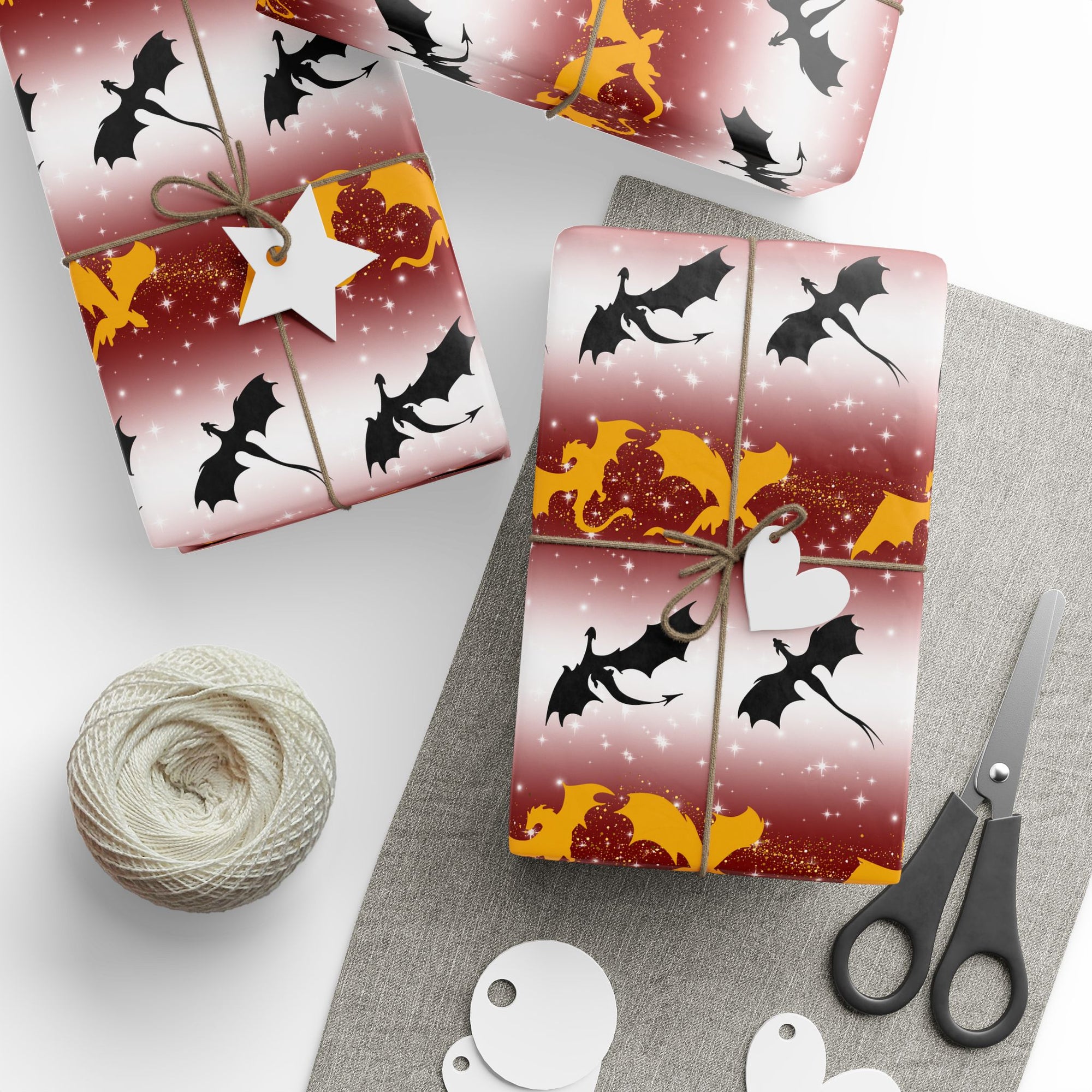 Dragons on Red Starry Striped Wrapping Paper