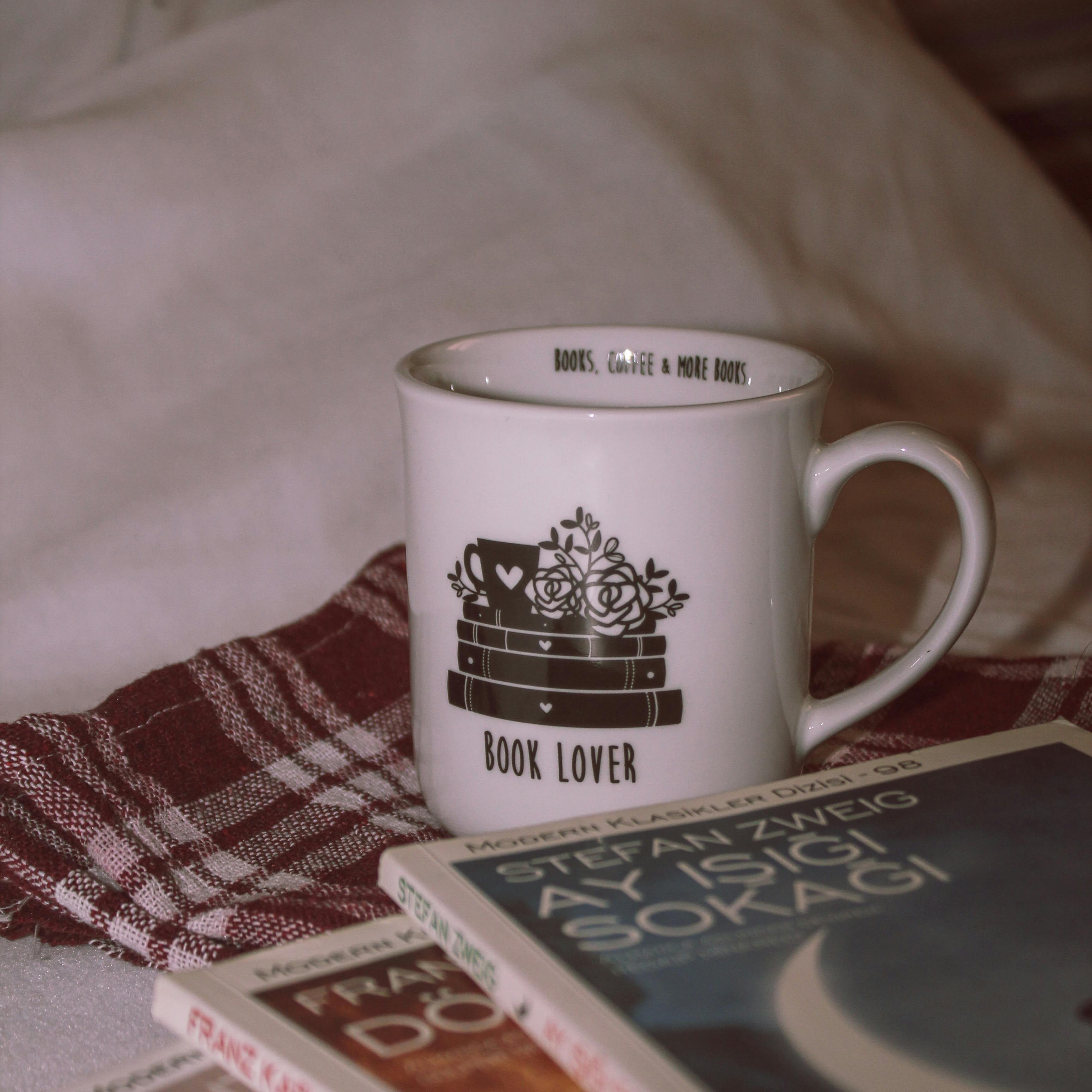 White mug with 'Book Lover' design on a stack of books.