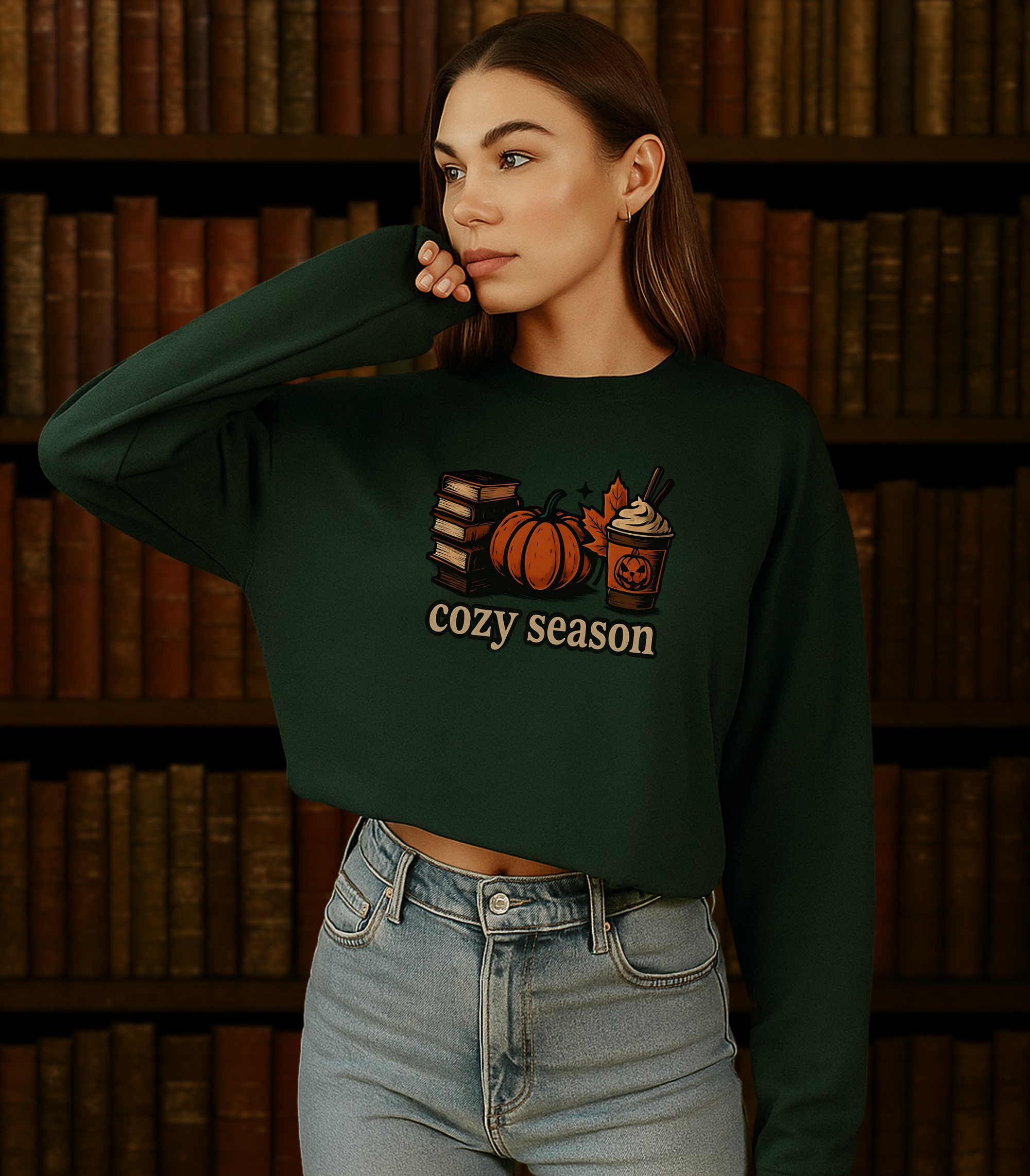 Spooky Cozy Season Crewneck Sweatshirt, Forest Green